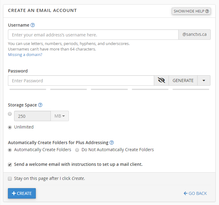 cPanel Email Creation Dialog Box