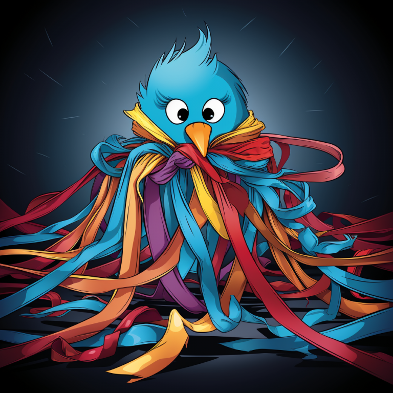 Cartoon of the blue Twitter bird engulfed in coloured Threads ribbons.